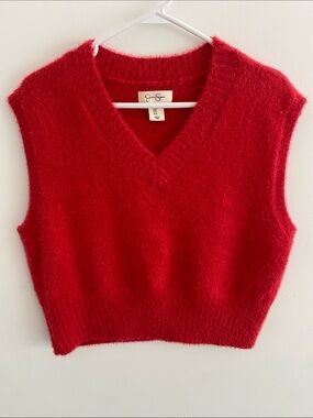 Jessica Simpson Oversized Fluffy V Neck Tank Sweater Vest Postbox Red Medium